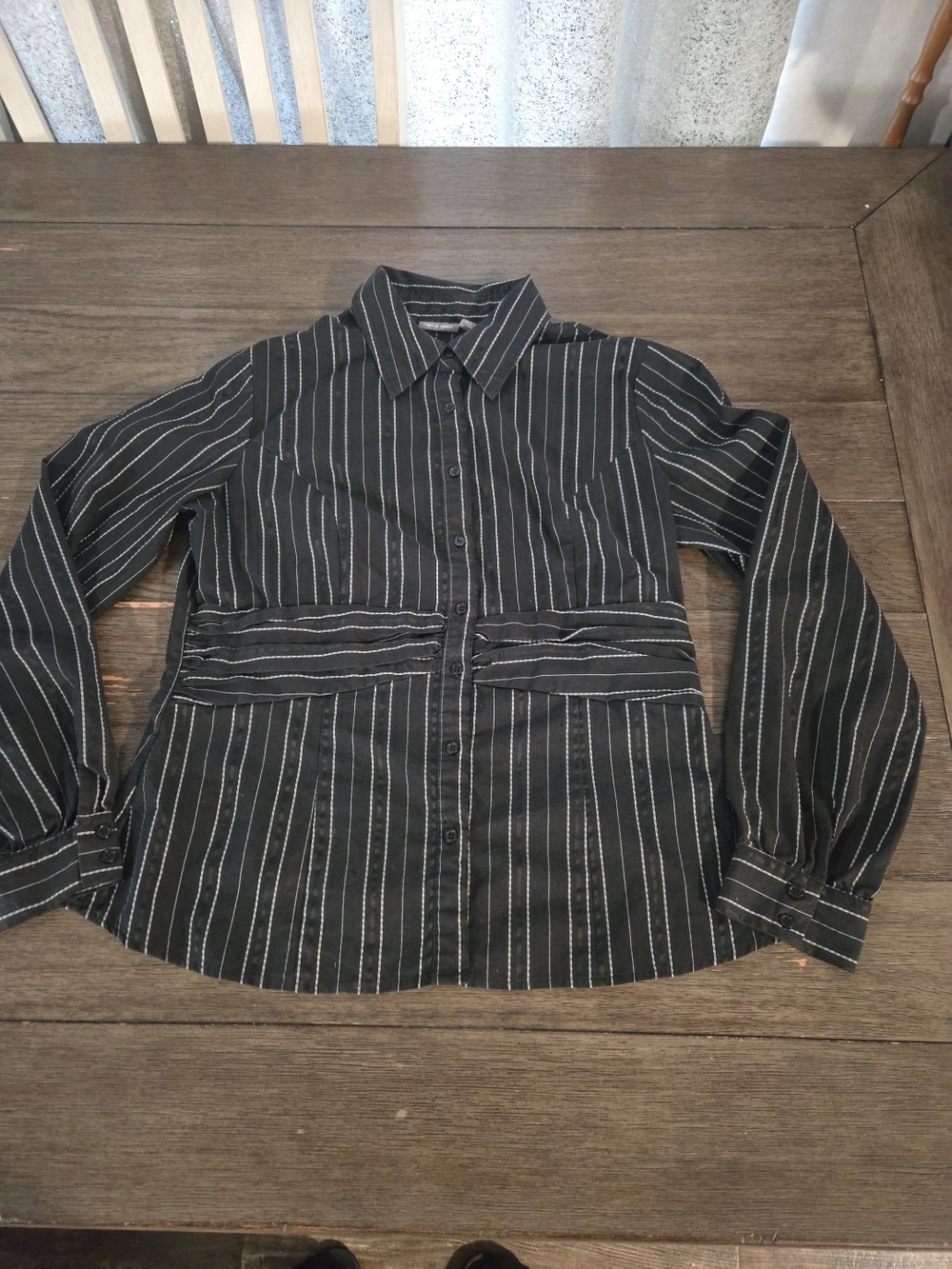 Apt. 9 Pinstripe Blouse Black White Y2K Office Sire Style Ruched Waist Stretch